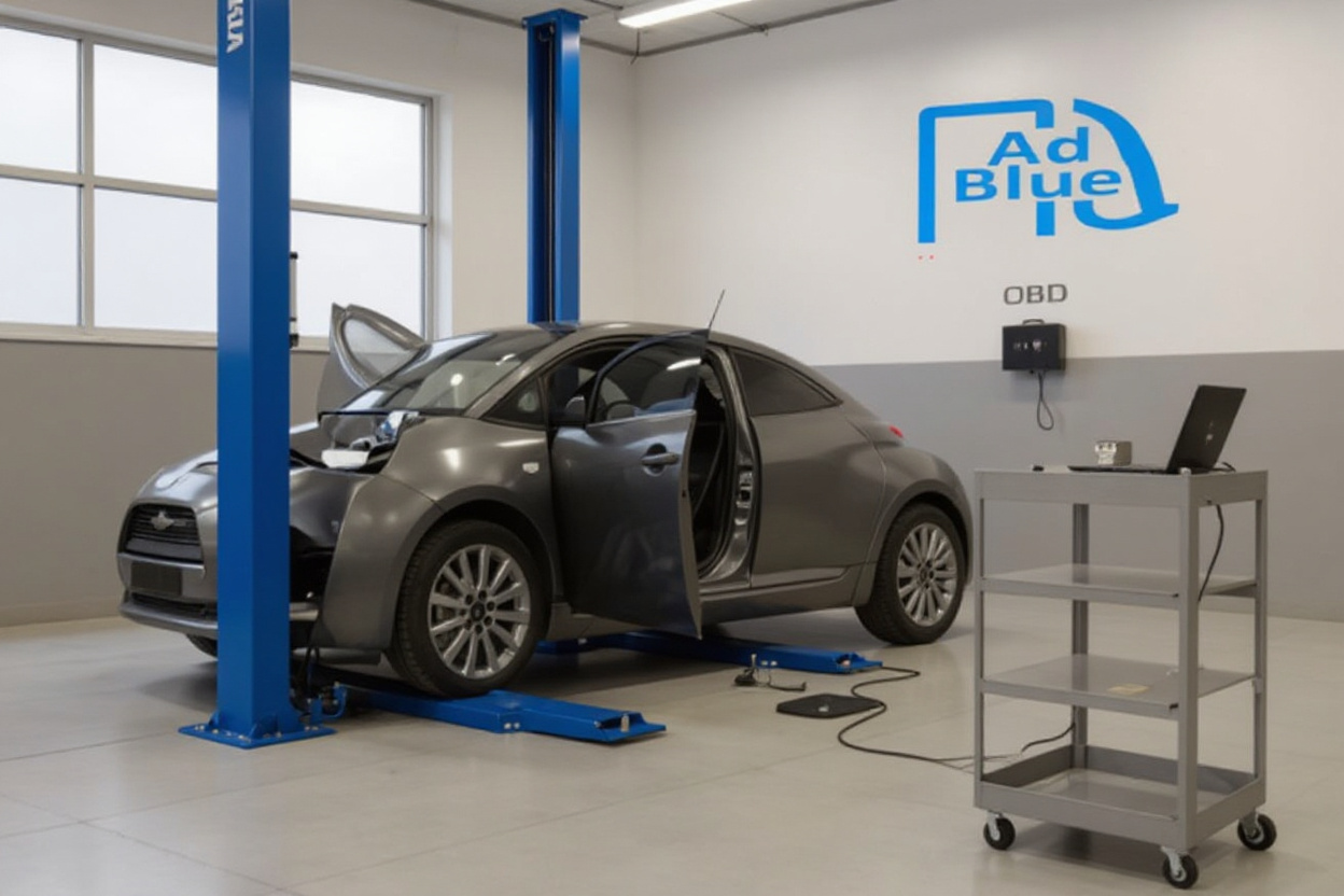 En dizelski avto v delavnici z enim prenosnikom priklopljenim na OBD za diagnostiko/odstranitev AdBlue (kjer je dovoljeno).